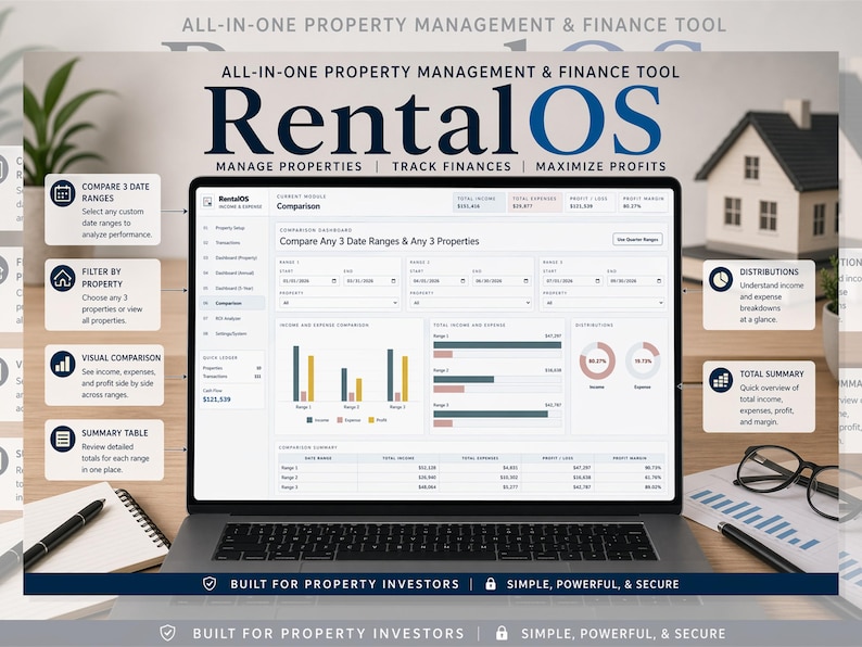 Rental Property Tracker for Landlords | Income Expense Spreadsheet-Style Dashboard, Multi Property Bookkeeping, ROI Calculator