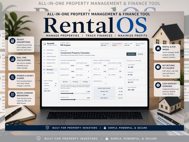 Rental Property Tracker for Landlords | Income Expense Spreadsheet-Style Dashboard, Multi Property Bookkeeping, ROI Calculator