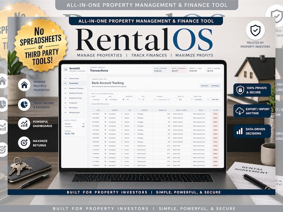 Rental Property Tracker for Landlords | Income Expense Spreadsheet-Style Dashboard, Multi Property Bookkeeping, ROI Calculator