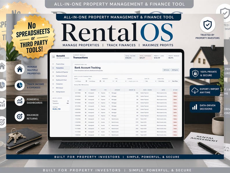 Rental Property Tracker for Landlords | Income Expense Spreadsheet-Style Dashboard, Multi Property Bookkeeping, ROI Calculator