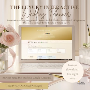 May include: A laptop displaying a wedding budget planner interface. The screen shows interactive features, including seating assignments and real-time totals. Text on the screen reads "Wedding Budget Planner." Additional text includes "Instant download, Use right away."