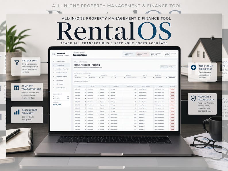 Rental Property Tracker for Landlords | Income Expense Spreadsheet-Style Dashboard, Multi Property Bookkeeping, ROI Calculator