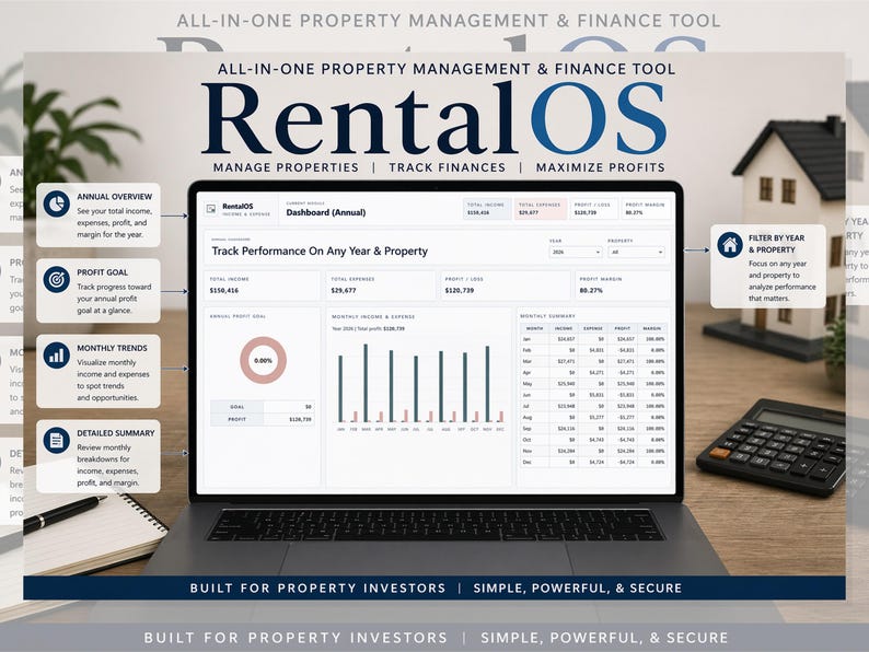 Rental Property Tracker for Landlords | Income Expense Spreadsheet-Style Dashboard, Multi Property Bookkeeping, ROI Calculator