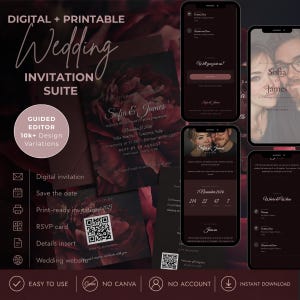 May include: Digital wedding invitation suite with a burgundy floral design. Includes printable invitations, RSVP cards, and digital mobile phone mockups. Features the names "Sofia & James" and wedding details.