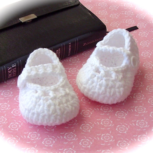 Baby Girl Christening Shoes - White Baptism Booties - Modern Crochet Dedication Mary Janes - 6 to 9 Months Infant Size 3 - Ready to Ship