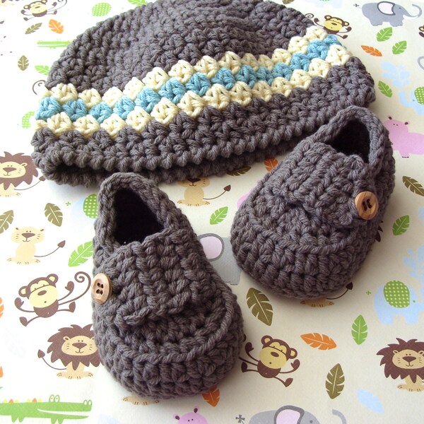 Baby Boy Hat and Booties - Infant Beanie Cap and Loafers - Brown Modern Crocheted Set - 6 to 9 Months - Size 3 Shoes