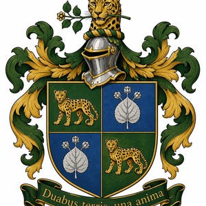 May include: A coat of arms featuring a shield quartered in green and blue, displaying two leopards and two silver leaves. Above the shield sits a silver helmet and a leopard crest holding a flower. A green ribbon at the base reads Duabus terris, una anima.