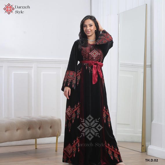 Velvet Palestinian Thobe | Black Red Tatreez Embroidery  display picture 3
