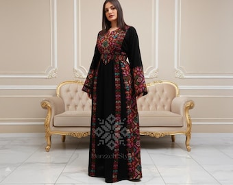 Palestinian Thobe | Tatreez Embroidery Dress | Red Black Traditional Abaya