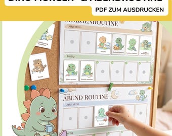 Routine cards for children aged 3-6 with dinosaurs | Morning & evening routine | Visual daily schedule PDF