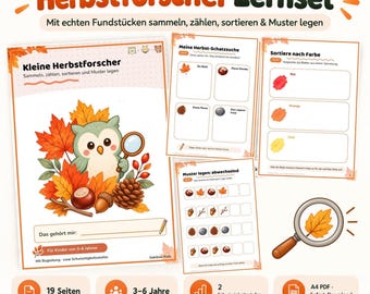 Herbst Kindergarten Lernspiel mit Naturmaterialien, Zählen Sortieren Muster, Schatzsuche, Vorschule Deutsch PDF
