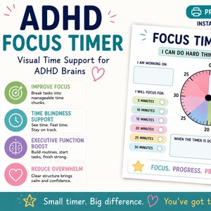 Minuterie de mise au point pour le TDAH imprimable | Productivité visuelle et soutien aux fonctions exécutives