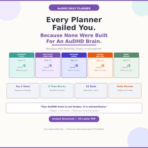 May include: A digital planner titled "Every Planner Failed You" for AuDHD brains. The design features sections for sensory level, executive function, masking mode, social battery, and body needs. Includes "Top 3 Tasks" and "8 Time Blocks" sections.