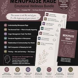 Könnte beinhalten: Ein Menopause Rage Emotional Wellness Bundle mit sieben druckbaren PDF-Kits. Das Design umfasst einen dunkelvioletten Hintergrund mit weißem Text, Blumenillustrationen und nummerierten Abschnitten von 01 bis 07, die Werkzeuge zur emotionalen Regulierung, Selbstmitgefühl und Bewältigung hormoneller Veränderungen beschreiben.