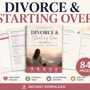May include: A spiral-bound Divorce & Starting Over bundle with 84 pages in a printable PDF format. The cover features a person looking at a sunset over mountains. Included are checklists for emotional check-ins, master divorce, co-parenting, and life vision.
