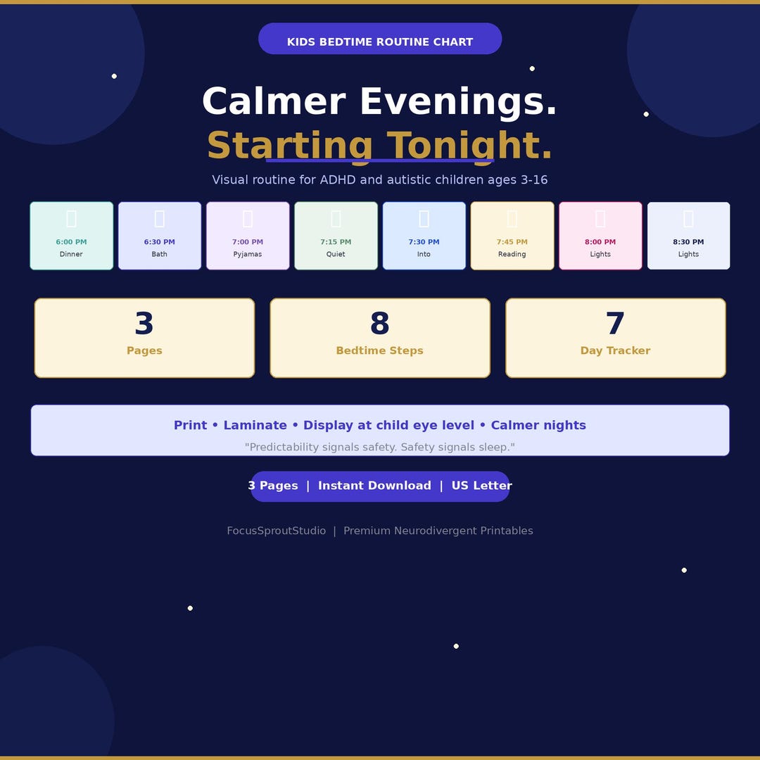 Kids Bedtime Routine Chart Printable | ADHD Autism Sleep Schedule PDF ...