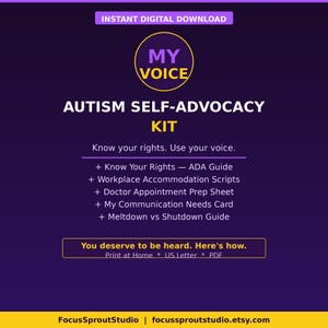 Puede incluir: Descarga digital titulada "AUTISM SELF-ADVOCACY KIT" con el texto "MY VOICE" en un círculo amarillo. Incluye guías sobre derechos, adaptaciones laborales, citas médicas, necesidades de comunicación y gestión de crisis. Disponible en formato PDF US Letter.