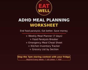 ADHD Meal Planning Worksheet Food Paralysis Help | Weekly Meal Planner Printable | Grocery List PDF Easy Meals Instant Download