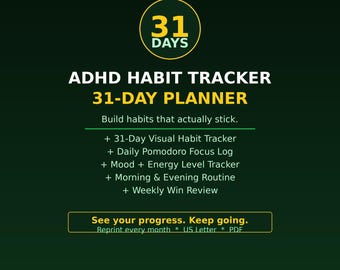 ADHD Habit Tracker Printable PDF | 31 Day Routine Planner | Focus Pomodoro Log | Mood Energy Tracker | Weekly Monthly Review