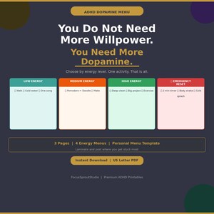 May include: ADHD Dopamine Menu printable with text: "You Do Not Need More Willpower. You Need More Dopamine." Includes energy level options: Low, Medium, High, and Emergency Reset. Features "Instant Download | US Letter PDF".