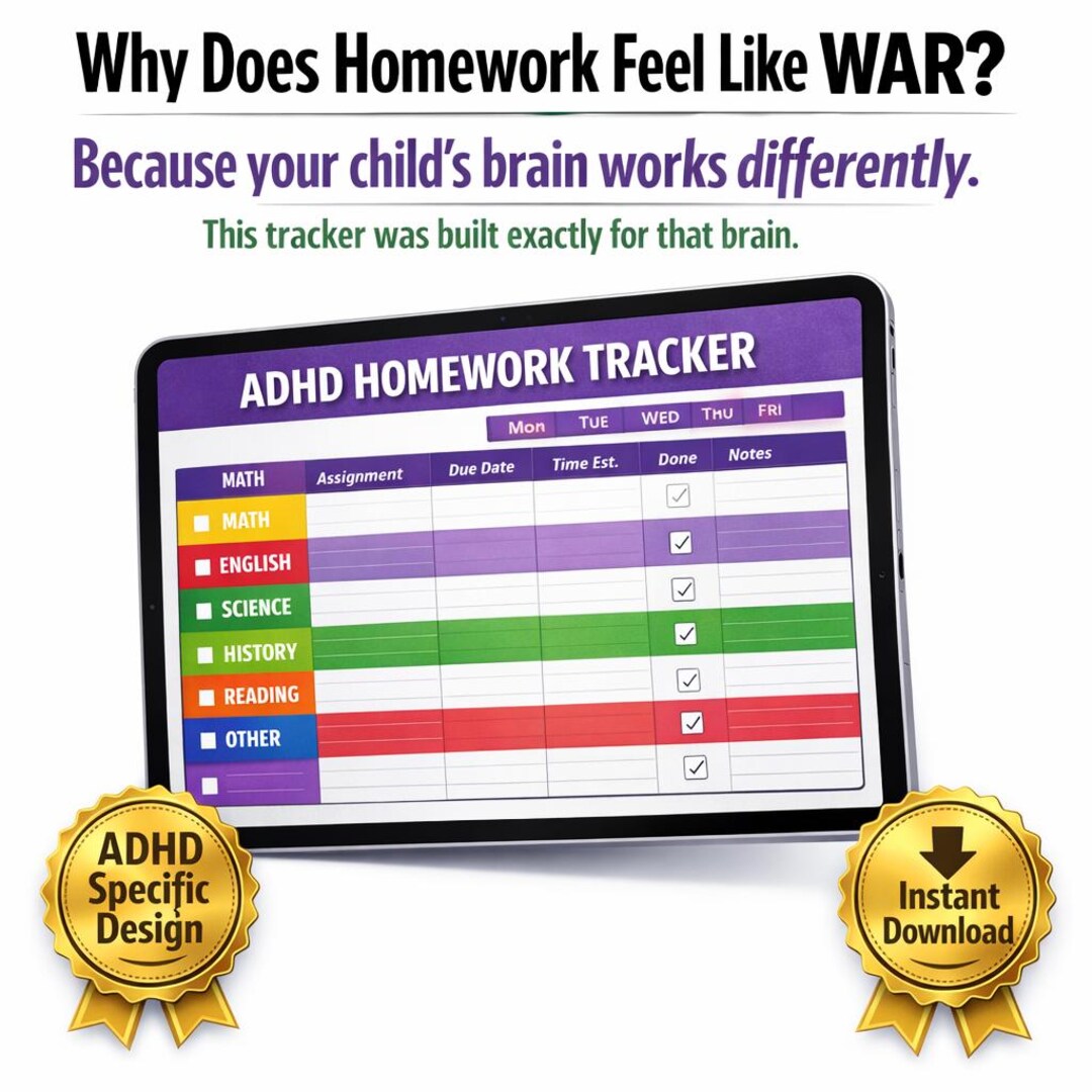 ADHD Homework Tracker for Kids Printable PDF Weekly Assignment Planner ...