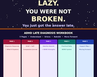 ADHD Late Diagnosis Workbook Printable PDF | Adult Self Discovery Journal | Neurodivergent Identity Rebuild | Coping Skills Therapy Tool