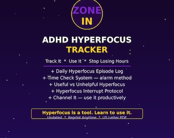 ADHD Hyperfocus Tracker Printable PDF | Manage Hyperfocus Flow State | Time Check System Dopamine Interests Log Adults