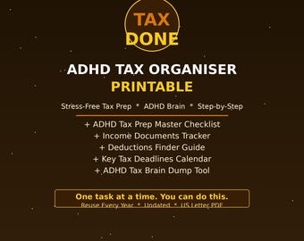 ADHD Tax Organizer Printable | Tax Prep Checklist ADHD Brain | Income Deductions Document Tracker | Stress Free Filing PDF