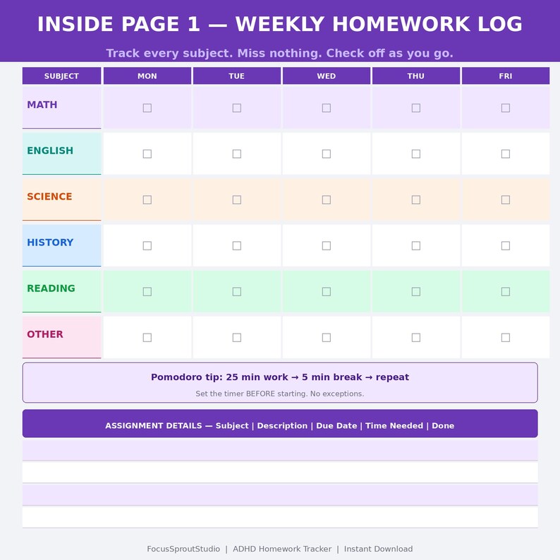 ADHD Homework Tracker Printable PDF | Kids Daily Routine Chart | Task ...