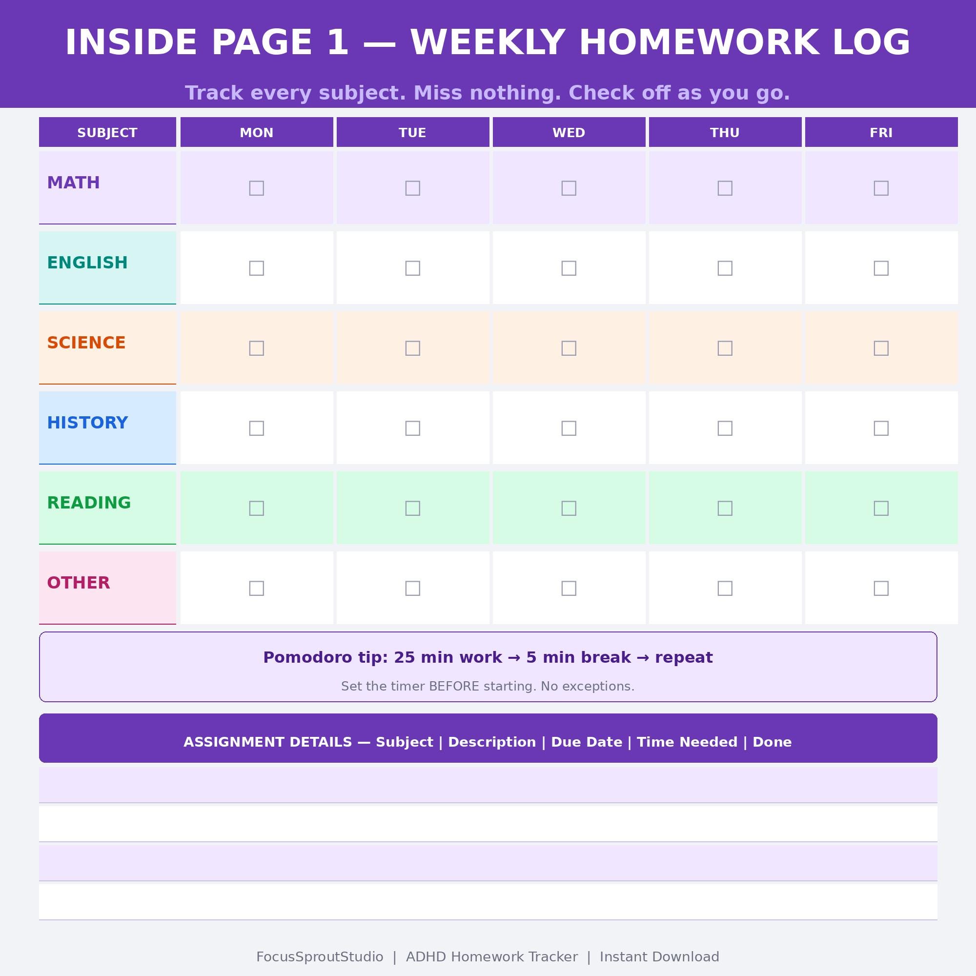 ADHD Homework Tracker Printable PDF | Kids Daily Routine Chart | Task ...