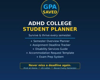 ADHD College Student Planner Printable | Disability Services Guide | Study System | Accommodation Request | Semester Tracker PDF