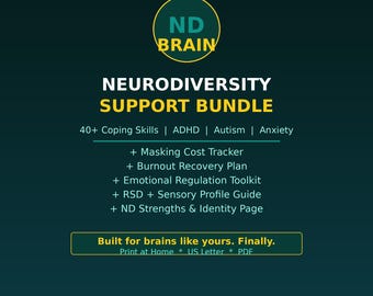 Neurodiversity Support Bundle 40 Coping Skills | ADHD Autism Anxiety Printable | Neurodivergent Therapy Worksheets PDF Adults