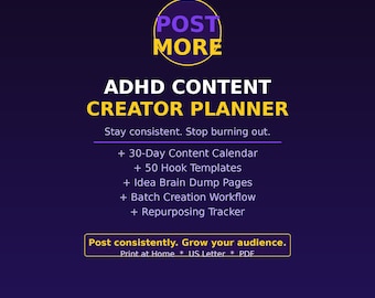 ADHD Content Creator Planner PDF | Social Media Planner Hook Templates | 30 Day Content Calendar | ADHD Creator Toolkit Printable