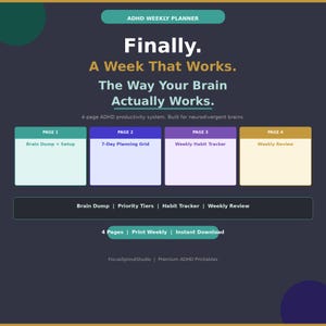 Peut inclure: Planificateur hebdomadaire pour le TDAH avec un fond sombre et des blocs colorés. Le texte dit "Enfin. Une semaine qui fonctionne. La façon dont votre cerveau fonctionne réellement." Comprend des sections pour le Brain Dump, la grille de planification, le suivi des habitudes et la revue hebdomadaire.