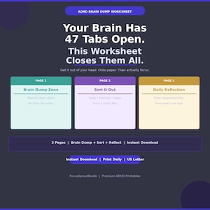 May include: ADHD brain dump worksheet with a dark blue background. The text reads "Your Brain Has 47 Tabs Open. This Worksheet Closes Them All." Includes sections for brain dumping, sorting, and daily reflection. Instant download.