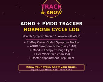 ADHD PMDD Tracker Printable | Hormone Cycle Symptom Log | ADHD Period Mood Energy Tracker | Women Neurodivergent pdf Monthly