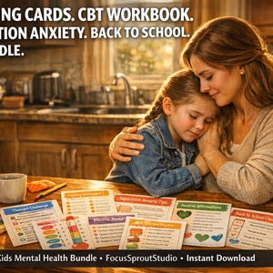May include: A mother comforts a child, with a bundle of mental health cards on a wooden table. The cards address topics like separation anxiety and back-to-school challenges. Text on the cards includes "CBT Workbook" and "40 Coping Cards."