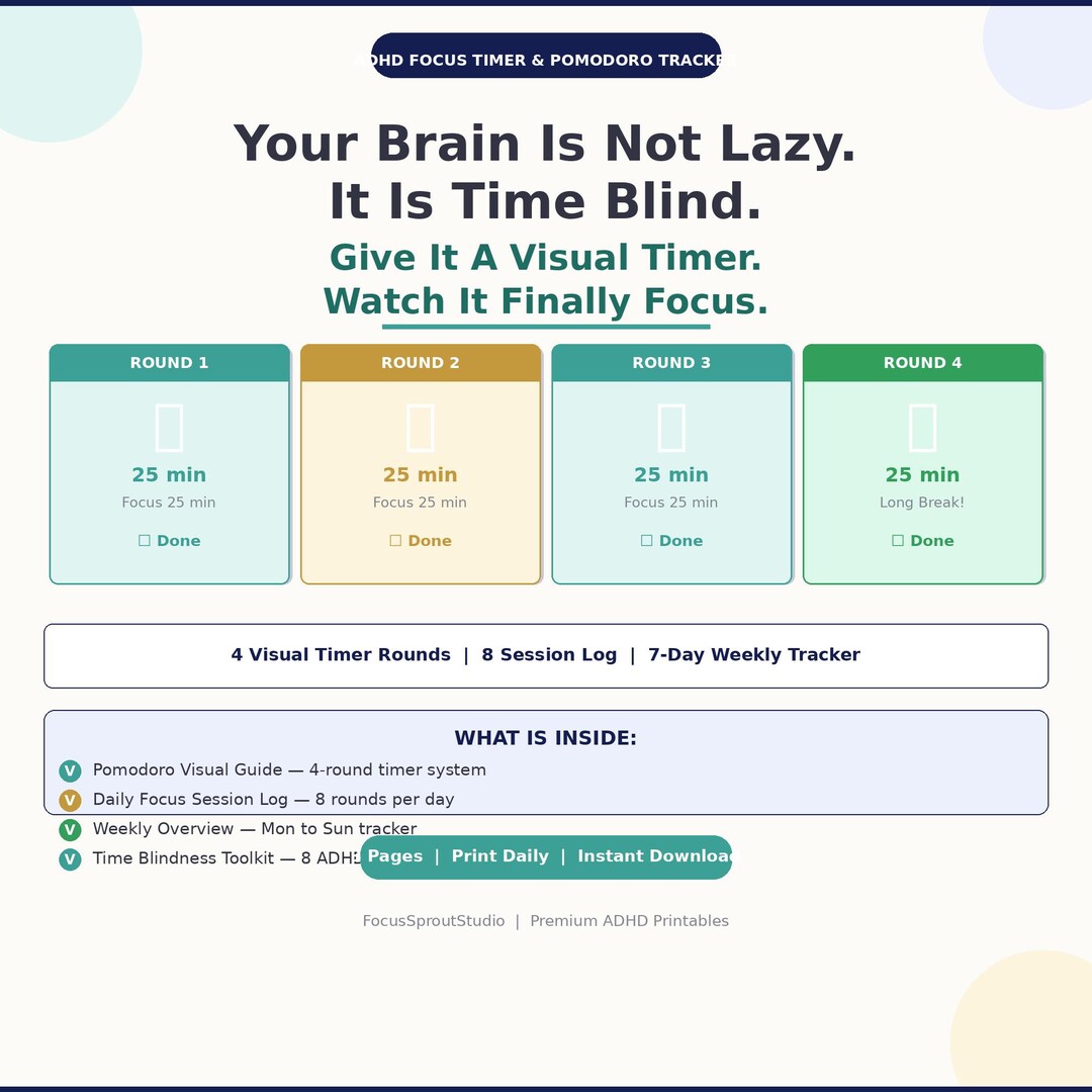 ADHD Focus Timer Printable | Pomodoro Tracker PDF for Adults | Time ...