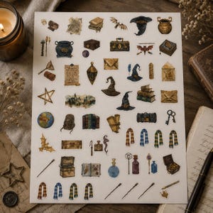 May include: A sticker sheet featuring various fantasy-themed illustrations including wizard hats, wands, potion bottles, spellbooks, trunks, scrolls, envelopes, keys, scarves, and a castle. The designs are rendered in a watercolor style with earthy tones.