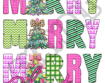 Pink Merry Christmas PNG – Girly Holiday Sublimation Design (Instant Download)