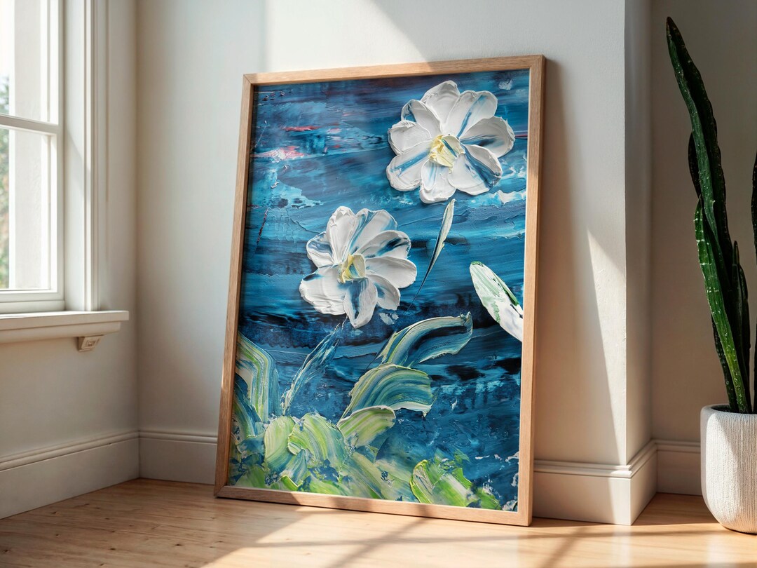 Blue Floral Impasto Art, Textured Flower Painting Style, Modern ...