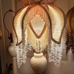 Victorian or French Medium NEW Waterlily Lamp Shade &quot;Ivory and Pink&quot; Pearls Fringe And 6&quot; Beads  Free Shipping!!