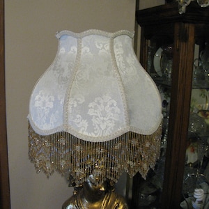 Victorian French  Large Lamp Shade &quot;Ivory&quot;  Bead Fringe Nice!