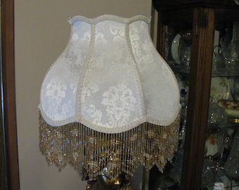 Victorian French  Large Lamp Shade "Ivory"  Bead Fringe Nice!