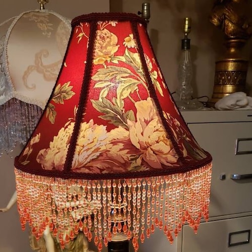 Burgundy & Gold Victorian Style Floor Lamp Red Fabric Shade Fringed Boho Tassels