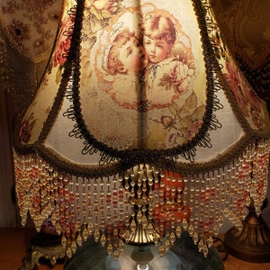 Victorian French  Large Lamp Shade "Children's Portrait"  Bead Fringe Nice!!