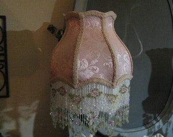 Victorian French Medium Lamp Shade  "Cream/ Rose" Fringe 6" Beads Free Shipping!!