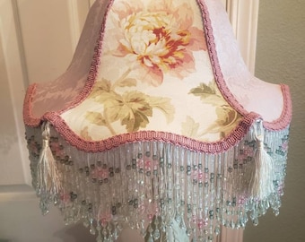 Victorian French Medium Lamp Shade "Gish" Pink Blush Fabric Bead Fringe Free Shipping!!