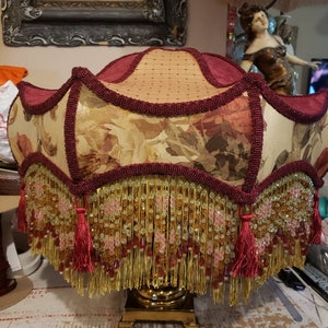 Victorian French X Large Table Lamp Shade "Kahn" Burgundy Rose Beads Fringe Tassels!!