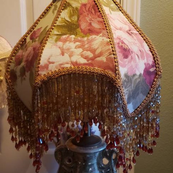 Victorian French Medium Lamp Shade "Princess"Cottage Rose Bead Fringe Free Shipping!!